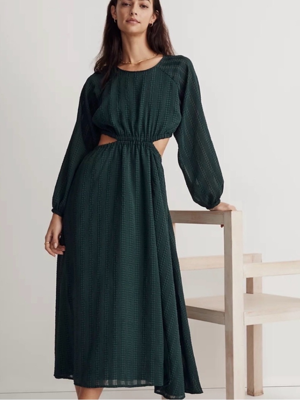 NWOT Madewell Dark Green Textured Midi Dress with Pockets (Size XS)